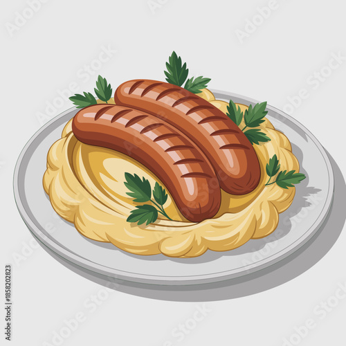 A mouth-watering dish featuring sausages served over creamy mashed potatoes, garnished with fresh parsley, highlighting comfort food that brings joy and satisfaction.