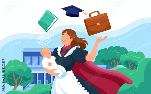 A multitasking woman embodies the struggle of balancing work, education, and parenthood while showcasing the versatility and strength of modern women today.