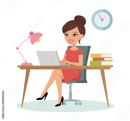 A confident woman in a red dress sits at her desk, focused on her laptop, showcasing a contemporary workspace filled with books and a stylish lamp.