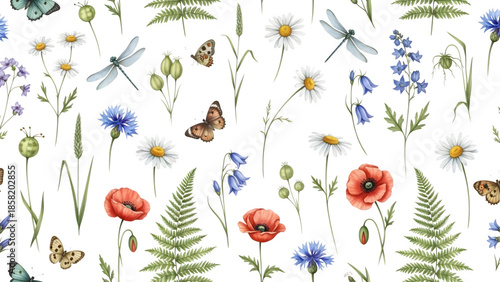 Watercolor floral pattern with wildflowers dragonflies and fern leaves isolated on transparent background
