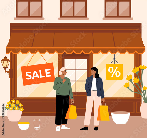 This image depicts two shoppers engaging in conversation while holding shopping bags outside a store, promoting a lively atmosphere of retail excitement and customer interaction.