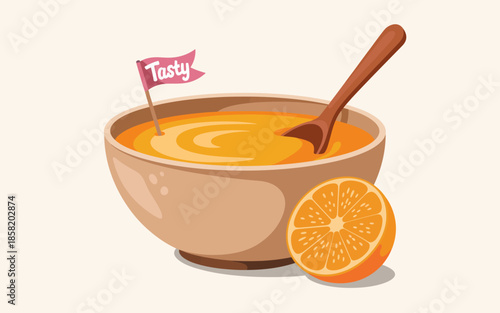 A bowl of velvety orange soup is presented, adorned with a cheerful 'Tasty' flag, garnished with fresh orange slices, promising a comforting culinary experience.