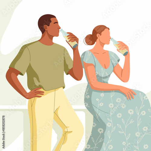 This image depicts a stylish couple sipping drinks in a modern setting, capturing a moment of leisure and social connection that resonates with contemporary lifestyles.