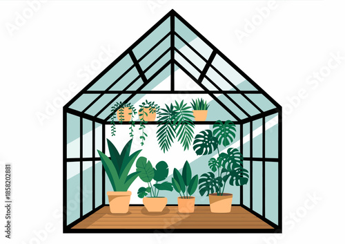 This image showcases a modern greenhouse containing a variety of lush, green plants arranged aesthetically on wooden shelves that complement the structure's design.