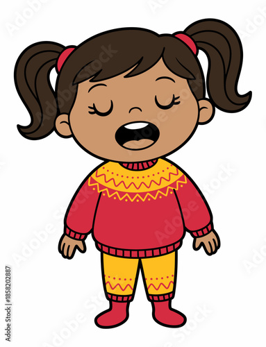 A cheerful cartoon girl sings joyfully while wearing a vibrant winter sweater, embodying warmth and happiness perfect for children’s media and educational content.