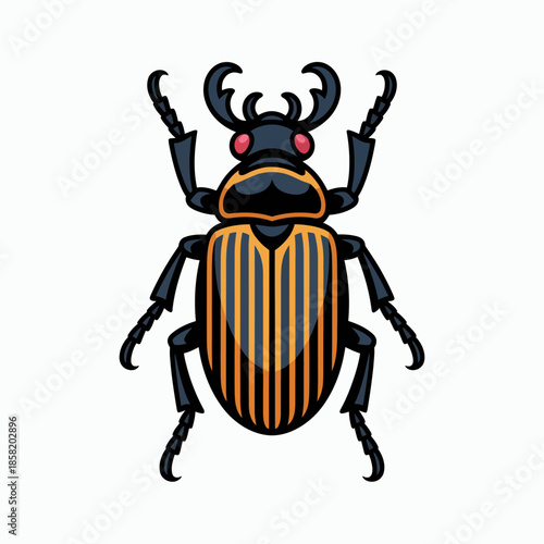 This graphic illustration features a striking black beetle with intricate patterns, showcasing the fascinating details of nature and the uniqueness of insect life in an artistic style.