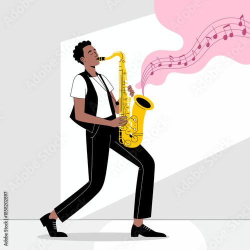 A talented saxophonist passionately plays his instrument, surrounded by musical notes, capturing the essence of creativity, expression, and the joy of music in vibrant illustration.