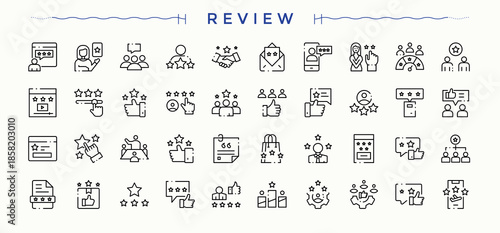 Review icon set. Rate icon. Includes thin line symbols message, feedback, positive, rating, service, satisfaction, rate and more. Editable vector art.