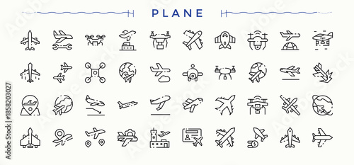 Plane simple icon set. Flight linear icon collection. Minimalist icons pack. It contains symbols to airline, aviation, air, airlanding, transport and more. Editable stroke. Vector illustration.