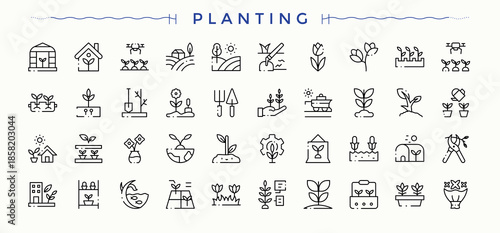 Planting icon set. Minimal thin line web icons set. Nature linear icon collection. Containing farming, tree, gardening, eco, garden, ecology, agriculture and more.