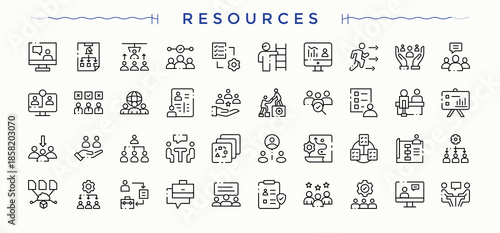 Resources line icon set. Resources icon set. Pack of achieve, action plan, act, collaboration, step, project, strategy and more. Editable stroke. Vector illustration.