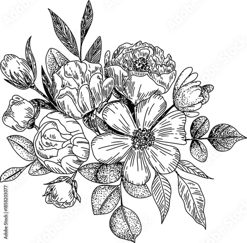 Elegant Black and White Floral Vector Graphic Illustration with Intricate Details and Stunning Visual Appeal