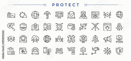 Protection simple icon set. Set of line pictogram. Privacy icon set. Contain linear sign cyber, antivirus, safe, safety, software and more.