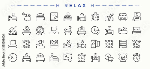 Relax vector icon set. Line icons with editable stroke. Sleep icon set. Includes thin line symbols bedding, nap, bed time, comfortable, bed and more.