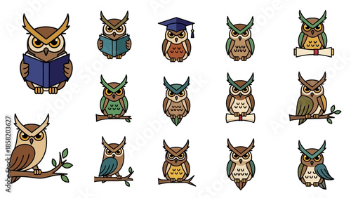 Collection of Cartoon Owls in Various Poses.