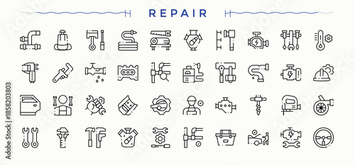 Repair icon set. Featuring maintenance, work, fix, auto, tech and more. Tools icon set in linear style. Minimalist vector collections. Editable vector.