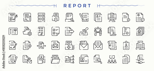 Report icon set. Report vector icon set. Isolated icons. Related to document and files, text, list, form and more. Pixel perfect. Vector illustration.
