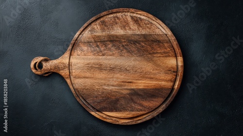 Overhead shot of a dark-stained, round wooden cutting board with a handle, set against a black, textured background