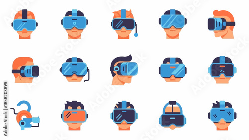 Collection of Virtual Reality Headsets on Heads.