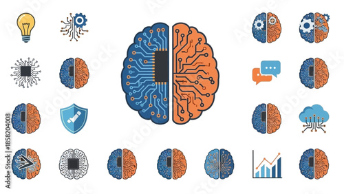 Human Brain Hemispheres with Infographics and Icons.