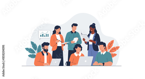 Team collaborating on business project with laptops and documents in modern workspace