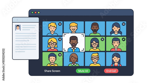 Virtual Meeting with Cartoon People on Screen.