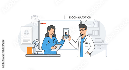 Doctors having e-consultation on smartphone in modern medical office
