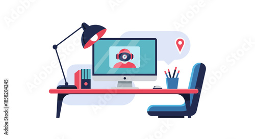 Modern office workspace with computer and online meeting setup