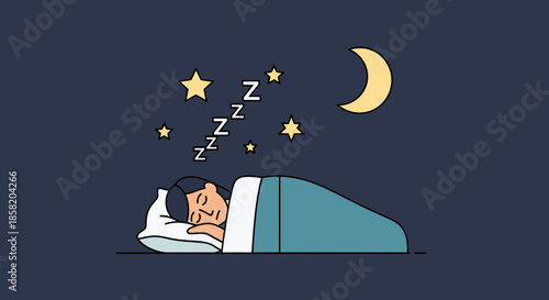 Man sleeping peacefully at night with moon and stars above
