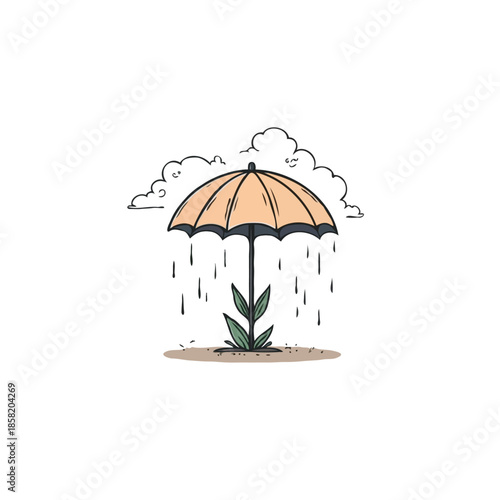 Umbrella sheltering sprouting plant amidst rainfall creating a symbolic illustration of protection