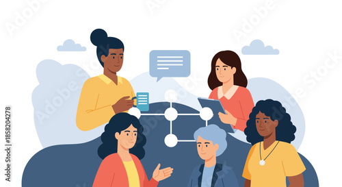 Diverse group of women collaborating with digital devices and communication