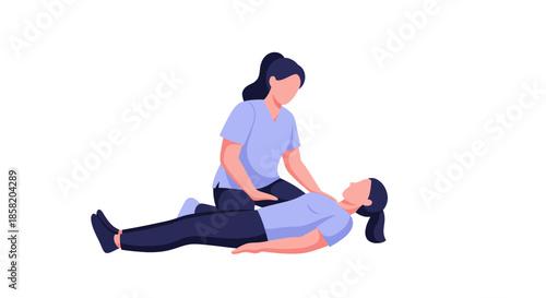 Woman performing CPR on another woman lying on the floor