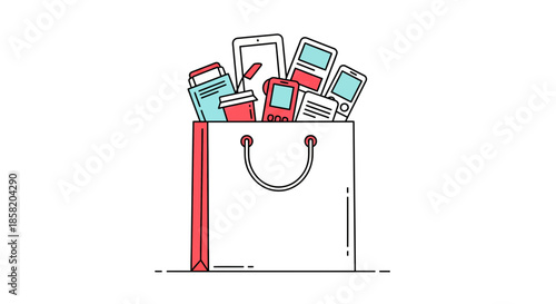 Shopping bag filled with modern devices and accessories