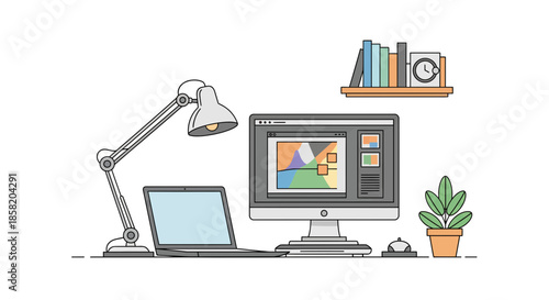 Modern workspace with computer, laptop, and desk lamp