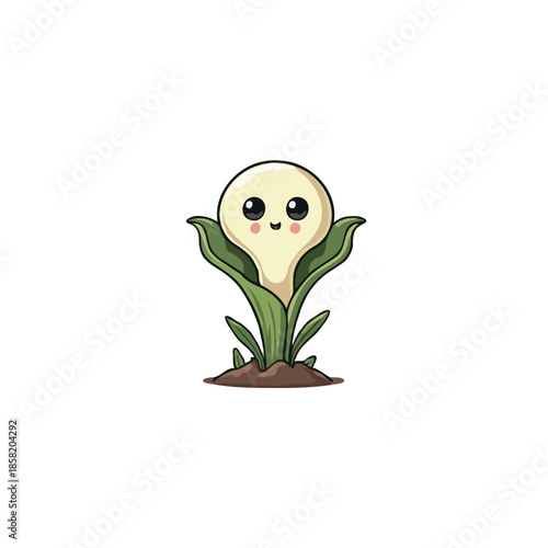 Whimsical bulb character sprouting with bright eyes and playful appeal on the garden floor