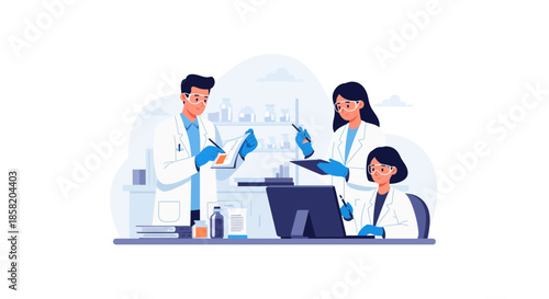 Scientists collaborating in modern laboratory setting with equipment