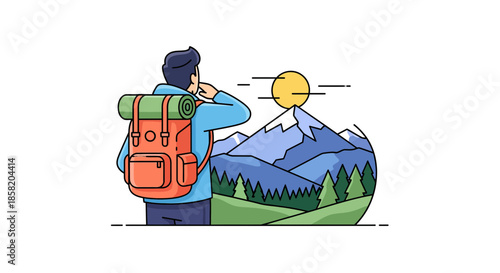 Hiker with backpack enjoying mountain landscape at sunrise