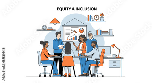 Diverse team collaborating in modern office with equity and inclusion focus