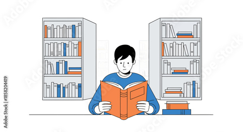 Student reading book in library surrounded by bookshelves