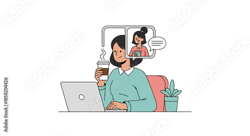 Woman working on laptop and having video call with colleague
