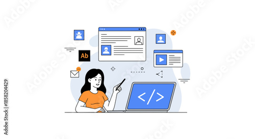 Young web developer coding on laptop with coding symbols around her