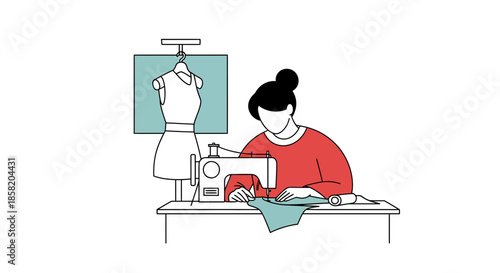Woman sewing dress on machine with pattern and mannequin nearby