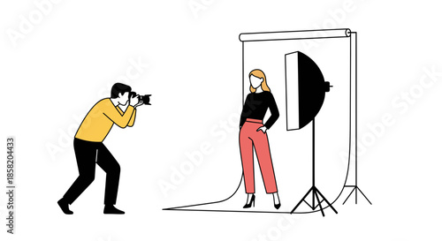 Professional photographer capturing confident model during studio photoshoot