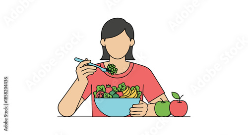 Woman enjoying fresh fruit salad in modern healthy eating setting