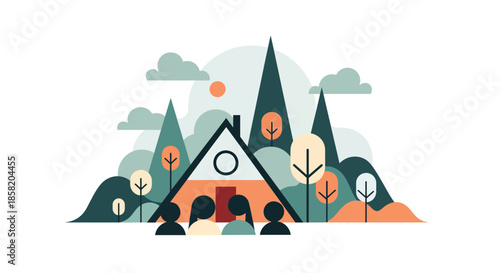 Family standing together in front of their home surrounded by nature