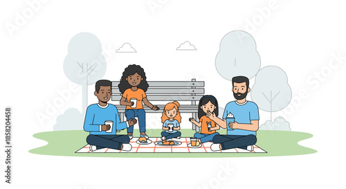 Happy family enjoying picnic together in sunny park