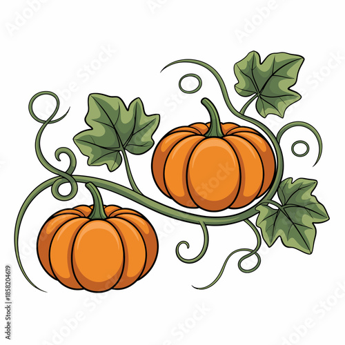 This illustration features two pumpkins entwined with lush green vines, representing autumn's bounty and the harvest season's essence in a colorful display.