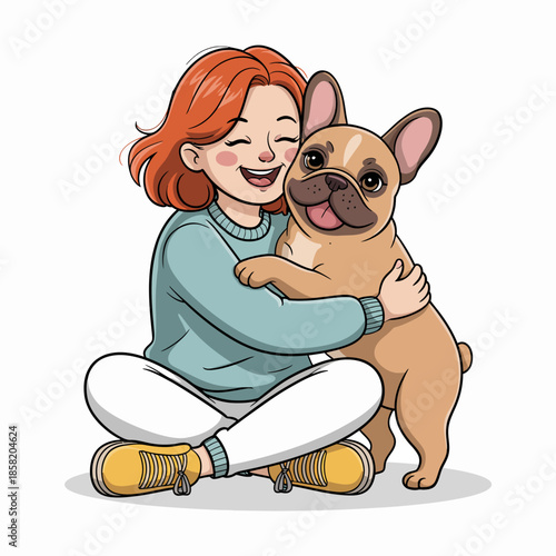 A joyful girl embraces her French Bulldog companion, showcasing a heartwarming bond filled with affection, happiness, and playful moments that define their relationship.