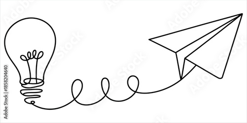 Innovative idea flying into action with lightbulb and paper airplane.