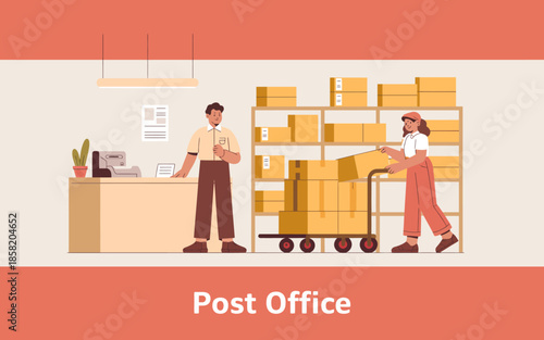 The illustration depicts a lively post office environment, showcasing a staff member assisting customers amidst stacks of packages and efficient postal services.
